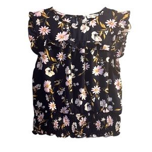 Floral Ruffle Ruched Bottom Blouse Top Navy Spring Summer
